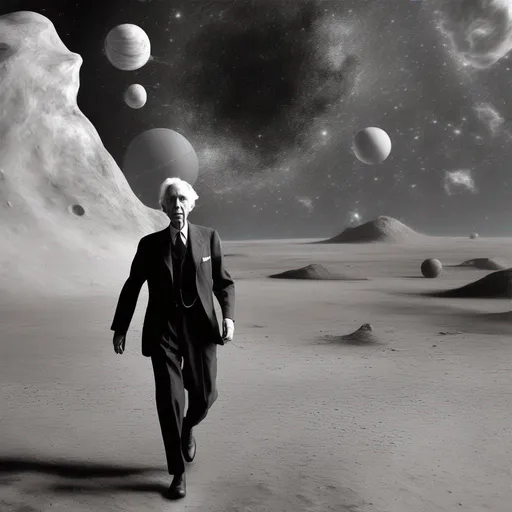 Prompt: bertrand russel full body  walking in the space