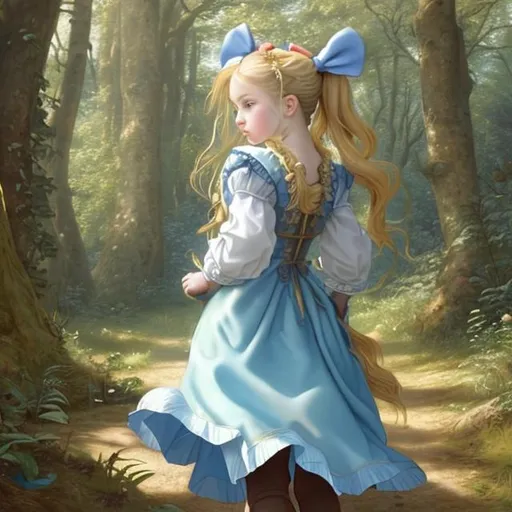 Prompt: A girl with blonde hair in a blue renaissance style dress with a huge blue bow on her hair, walking away into a forest