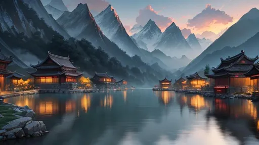 Prompt: Chinese village, mountains, lake,  splash art by Greg Rutkowski (best quality)), ((illustration)), ((masterpiece)), hyperrealistic, cinematic lighting, energetic, HDR, UHD, 64K, highly detailed, professional, perfect composition, unreal engine