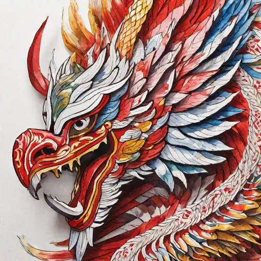 Prompt: Watercolor, folded paper, multicolored paper, ((Indonesian garuda fighting Indonesian naga)), colorful, intricate detail, close up, active, extreme detail, background red and white