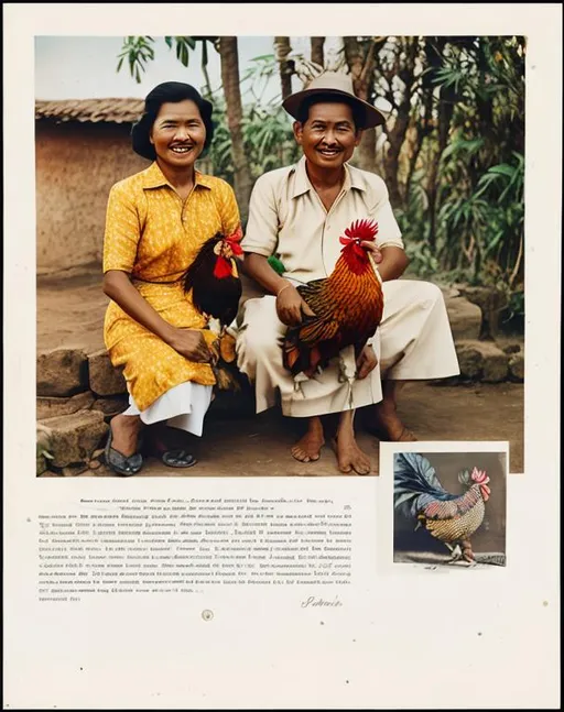 Prompt: A Javanese couple in 1940s holding a rooster.