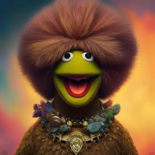 Prompt: a close up of a person wearing a furry hat, a character portrait, inspired by james christensen, trending on pexels, afrofuturism, lionel messi as a muppet, the bird is wearing a bowtie, with a halo of unkempt hair, pixar weta portrait, his head covered in jewels, seventies, photo render, furry brown body, kermit, female humanoid creature