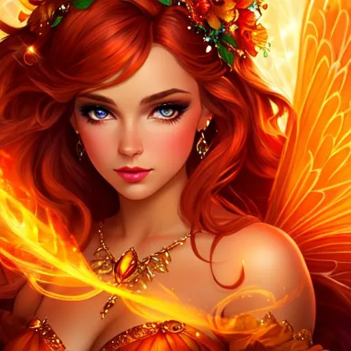 Pretty fairy goddess, warm colors, fiery background,... | OpenArt