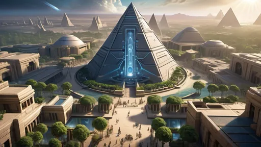 Prompt: Stargate in the middle of a city plaza, futuristic setting, aerial view, star portal, pyramid spaceships, floating pyramids, hanging gardens, detailed fantasy art, futuristic gardens, highres, detailed, aerial perspective, fantasy art, sci-fi, futuristic, star portal, detailed architecture, egyptian architecture, professional, magical lighting, atlantis setting