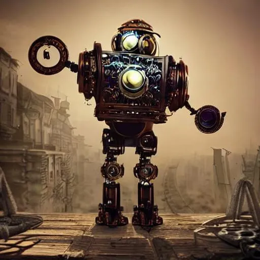 Prompt: Create a stunning Steampunk Robot in 8K UHD and HDR with intricate details and complex design. Use 3D rendering in Cinema 4D and add cinematic lighting for a breathtaking, high-resolution result that will transport viewers into a world of adventure and technology. Make this Steampunk Robot come to life with an RPG-inspired story, and let the UHD and HDR rendering bring out every intricate detail in vivid detail.