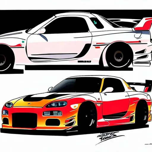 Prompt: Cell-shaded anime style drawing of Widebody kit FD rx-7 in an aggressive angle parked at a 7/11 gas station at midnight colored