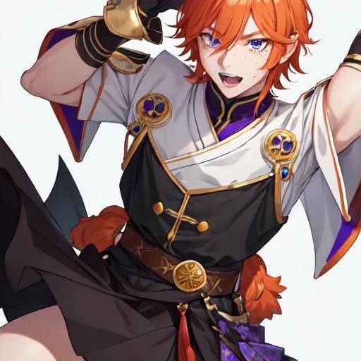 Prompt: Erikku male adult (short ginger hair, freckles, right eye blue left eye purple) UHD, 8K, Highly detailed, insane detail, best quality, high quality, anime style, wearing a skirt, masculine

