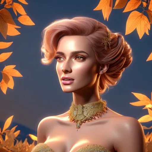 Prompt: HD 4k 3D 8k professional modeling photo hyper realistic beautiful  woman ethereal greek goddess of glory
pink hair updo hazel eyes gorgeous face tan skin beautiful grecian bridal gown full body surrounded by glorious glowing light hd landscape background standing under falling golden leaves and wreathes