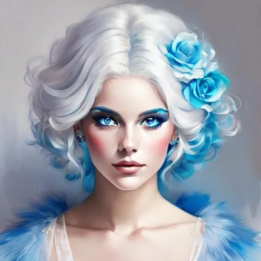 Prompt: A beautiful woman, white hair with pastel highlights, blue eyes, blue eyeshadow, blue jewels on forehead