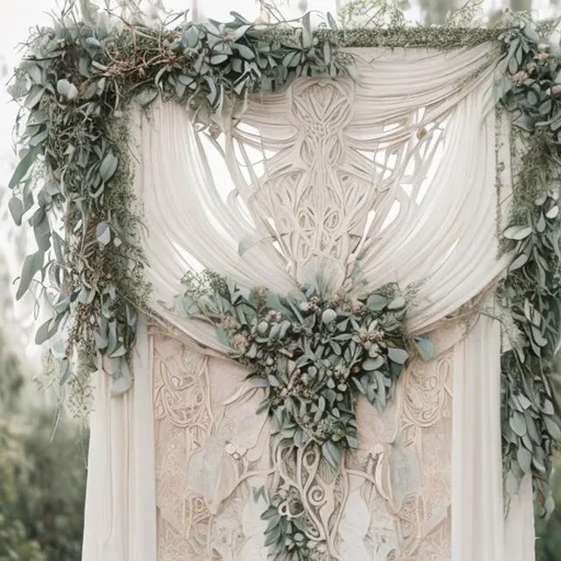 Prompt: an ethereal and brilliantly detailed and illustrative art nouveau style wedding decorations including pastel colors, forest, floral and eucalyptus elements on a white backdrop 