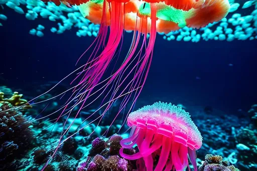 Prompt: Small Jellyfish colony, colourful great barrier reef, neon colours, mesmerising, photorealistic, 4k, vivid.