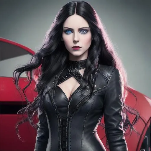 Prompt: young woman, long wavy black hair, light blue eyes, berry lipstick, red leather jacket, black body suit, black pants, knee-high black boots, 3D, fine-tuned, hyper-realistic, intricately detailed, detailed face, 16K, realistic, movie poster, chest