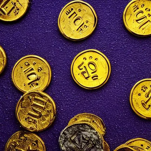 Prompt: Fools gold coins slightly peeing, with a black and dark purple background