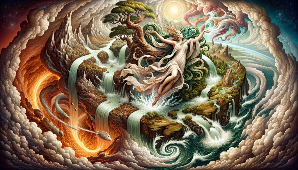 Prompt: Illustration of a mythical scene where Gaia, depicted as a divine figure, gracefully steps out from a convergence of earthy terrains, cascading waterfalls, swirling air currents, and blazing flames.