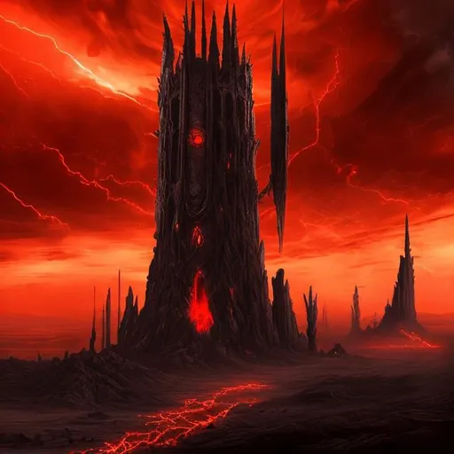 Prompt: An epic and realistic depiction of a massive and very tall black tower standing on a desolate wasteland, with a pillar of red energy ascending from the tower into a massive storm. Massive black stone spires point towards the tower