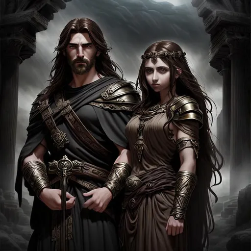 Prompt: Epic, Heroic, fantasy, ominous, cinematic lighting, 3D, HD, [{Rugged Handsome!}Male as Philosopher and with {brown hair}, Beautiful big eyes], 
[{Beautiful! Gorgeous!}Female as Priestess and with {black hair}, Beautiful big eyes]2, {Greek}mythology, mist, expansive ancient Greek background, hyper realistic, uber detailed, 64k, high quality, sharp focus, intricate details, highly detailed --s98500