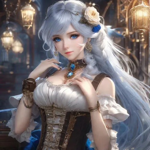 Prompt: steampunk, masterpiece++, ultra-detailed++, pixiv++, best shadows++, best lighting++, best quality++, cinematic shot, rim lightning, 1girl, jewelry, solo, blue eyes, hair ornament, looking at viewer, ring, braid, bangs, blue nails, flower, blue butterfly, earrings, white hair, hair between eyes, blue flower, butterfly, parted lips, nail polish, bug, long hair, butterfly hair ornament, hair flower, hat, blush, crossed bangs, blue theme, portrait