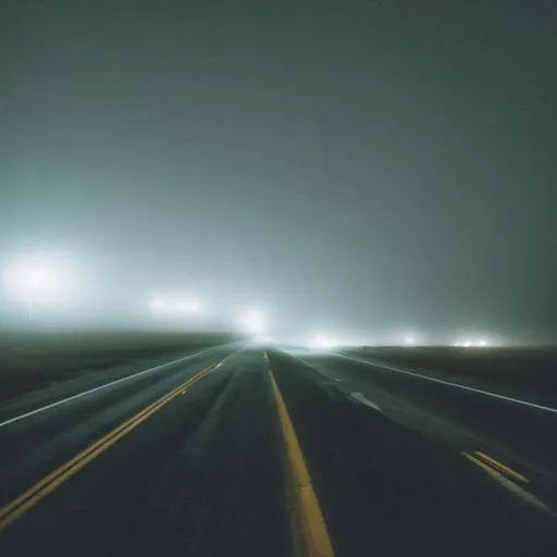 Prompt: In the middle of nowhere on an empty highway with a stop sign at night with fog