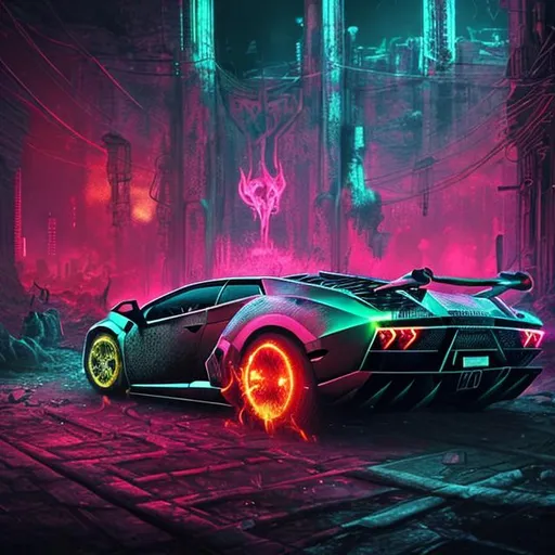 Prompt: 4413, 12k, UHD, A (((( bold Lamborghini car inside black city)))), with torches black as coal
on top of the city’s , the mask of Satan red lightened at the top center of the entrance of hell, seen from the outside, the background is a post-cyber punk city conquered by nature with trees and fire, (((isometric view))), Hell gate by Rodin. There is a computer technician on the top of the car killing zombies with a laser rifle