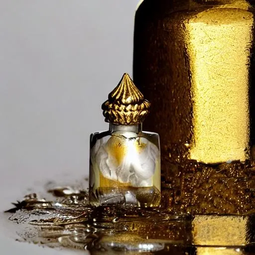 Prompt: holy water capped in a gold embedded bottle