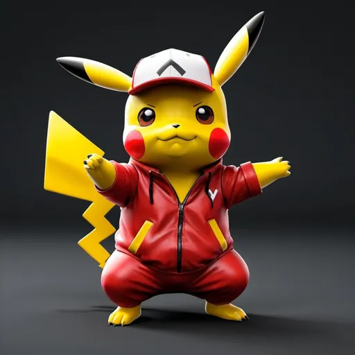 Prompt: Crie um Pikachu, o fundo da imagem de preto, ele deve estar usando uma jaqueta estilo retrô geans vermelho com branco, deve estar de óculos escuro, o chão deve conter água refletindo a imagem do Pikachu e em cima dele deve conter uma Pokebola caindo aberta