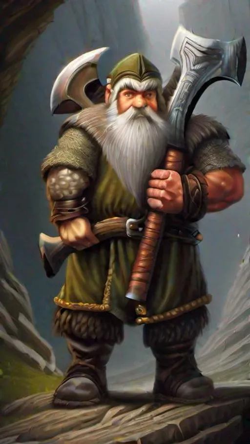 Prompt: painting of a dwarf holding a big axe in the style of Anne Stokes