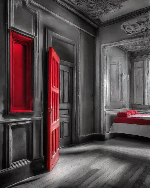 Prompt: Selective color, a black and white photo of a room with a (((red door)))