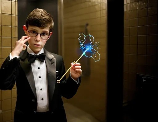 Prompt: 13 year old boy in a tuxedo casts a magic spell with his magic wand on someone else from the outside of a bathroom stall. Only show the outside view of the stall with the boy in the tuxedo with the magic wand and the stall with magic spewing out all over the place because the magic spell was just cast on whoever was inside at the time.