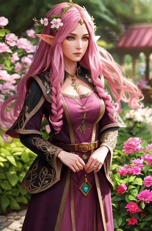 Prompt: A wise elf woman with long pink hair and kind eyes. Standing in a garden. 8k, high quality, trending art, trending on artstation, sharp focus, intricate details, highly detailed