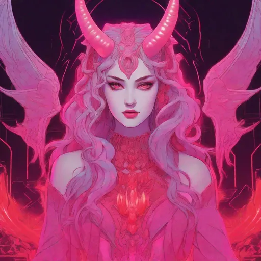 Prompt: beautiful female demon, hell, demonic, vaporwave, retro, neon, aesthetic, liminal, high quality, high definition, beautiful, dramatic lighting