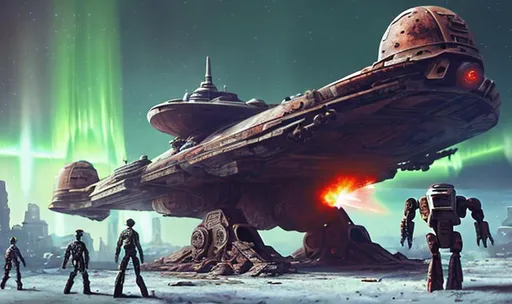 Prompt: ancient huge old rusty spaceship getting repaired  by robots dead city  sparks fire welding people working aurora many colours  enhance detail turret on spaceship real soldier thin landing gears symmetrical ship laser warzone dead body's on ground gun fight pew pew