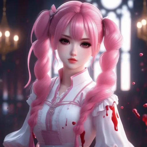 Prompt: 3d anime woman pink pigtails hair and white dress covered in blood and beautiful pretty art 4k full HD