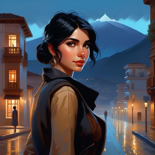 Prompt: Third person, gameplay, Cordoban girl, pale skin, black hair, brown eyes, Cordoba at night, skyscrapers, mountains in the distance, rain, cold blue atmosphere, cartoony style, extremely detailed painting by Greg Rutkowski and by Henry Justice Ford and by Steve Henderson 

