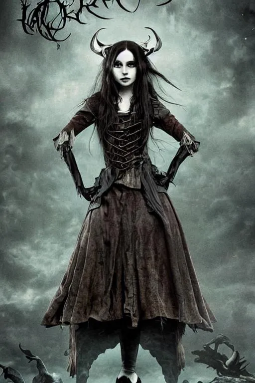 Prompt: Creepy thin, beautiful death pale young witch lady with long brown hair, insane smile with sharp teeth, portrait dark viking, Tim Burton, blood, Alice in Wonderland 