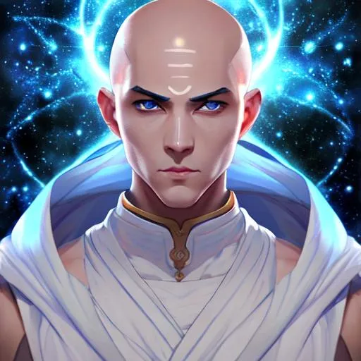 Prompt: Male monk | ((shaved hair)) | ((blue eyes)) | symmetrical face, accurate anatomy, ultra-fine details, sharp focus, crazy colors, cosmic, iridescent| wearing white robes | digital anime illustration, masterpiece | pixiv, tumblr, instagram, deviantart, zbrush, vray

