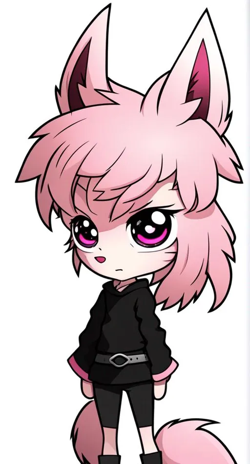Prompt: Pink punk hair, pink fennec fox, black pink eyes, with a black eyepatch on the right eye with a pink heart shape on the black eyepatch, with pink cheeks, dark brown long sweater with sleeves, black pants with a black belt, furry. Chibi