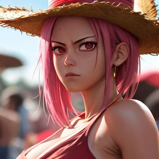 Prompt: Real life Luffy, Professional, Highly Detailed, Hyperrealistic, sharp focus, Professional, UHD, HDR, 8K, Render, HD, Trending on ArtStation, close up, bokeh, outdoor, dbz, One piece, pink hair, red eye 