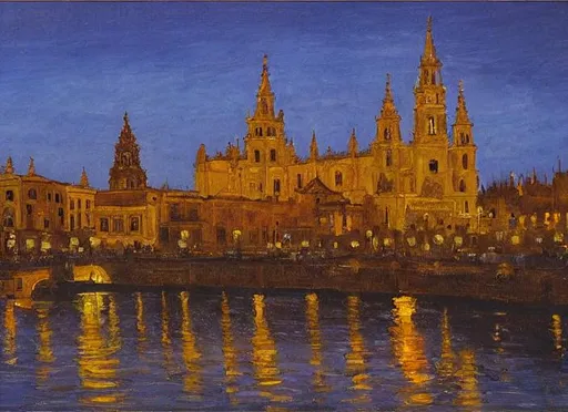 Prompt: "Golden hour", Dark,Sevilla skyline with cathedral, wide cityscape, "oil painting in style of Thaulow", golden hour, highly detailed
No frame, no water