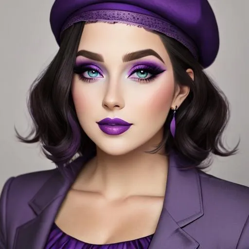 Prompt: A woman all in purple, pretty makeup, wearing a purple beret