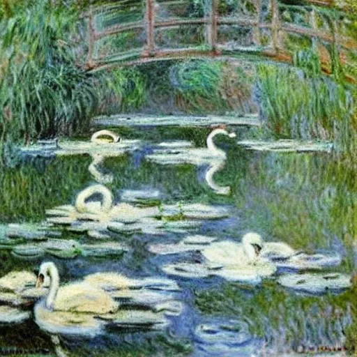 Prompt: Claude Monet pond with swans ophelia-core