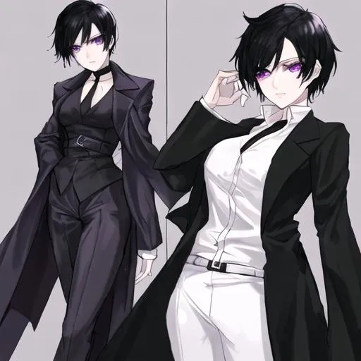 Prompt: Women with a short black hair and purple eyes in a long black tailcoat and white shirt with white trousers and black  boots, gothic, anime 