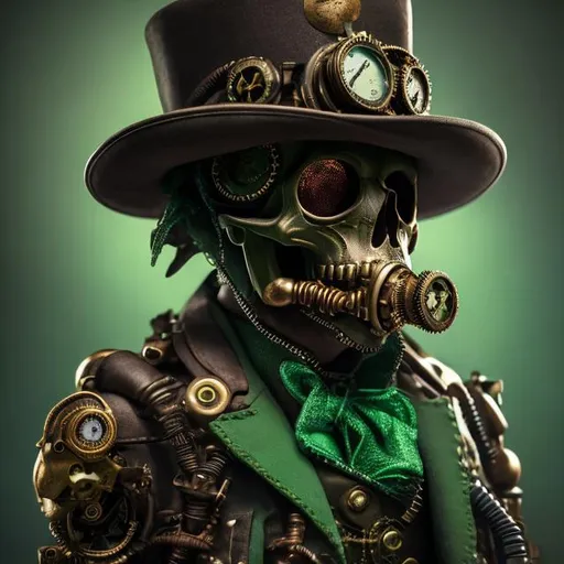 Prompt: highly detailed steampunk skull wearing a green suit and tophat dark cinematic 8k
