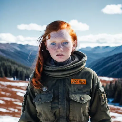 Prompt: RAW photography, Analog style, full shot, full body, war girl, gorgeous face, tiny micro freckles, redhead ginger, big blue eyes, plump, in the mountains, hyperrealistic space 8k 18+ shot of the day beautiful epic high resolution