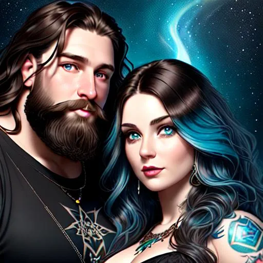 Prompt: fantasy oil painting ((heavyweight man and heavyweight woman couple)), (((long dark brown wavy hair for man))), (((long blue wavy hair for woman))), (((woman's eyes are brown))), (((man's eyes are green))), (((woman has pale skin and round face))), {man has round face and scruffy beard}, tattoos, cyberpunk surreal, Disney, pixar, ((rainbow)), (((cosmos))), space, bubbles, illustration, (((neon))), high detail, intricate, artgerm, james jean, Rutkowski, and other illustrators, intricate details, face, full body portrait, headshot, illustration, UHD, 4K