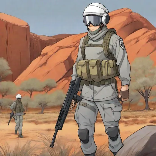 Prompt: Full Body, whole figure. A Australian scifi soldier. He wears a WWI grey uniform. He wears a full WWI english helmet. A mask covering the face. He wields a rifle. In background Ayers Rock. anime art. rpg art. 2d art. 2d. Well draw face. Detailed. Dynamic pose