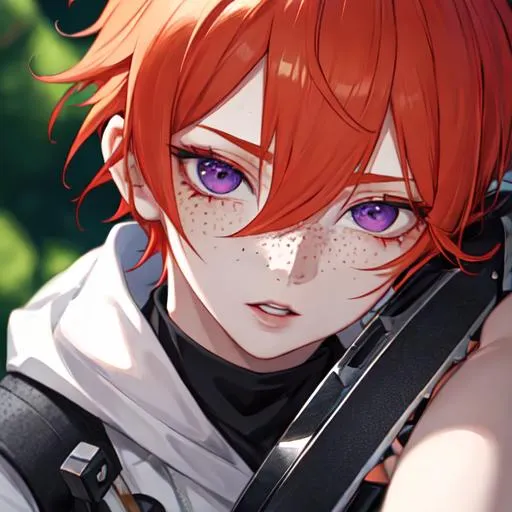 Prompt: Erikku male (short ginger hair, freckles, right eye blue left eye purple) UHD, 8K, Highly detailed, insane detail, best quality, high quality, holding a chainsaw