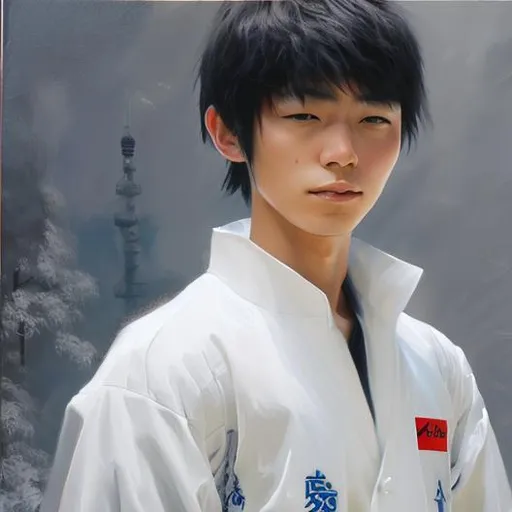 Prompt: Japanese young man with White futuristic dress realistic oil paint        