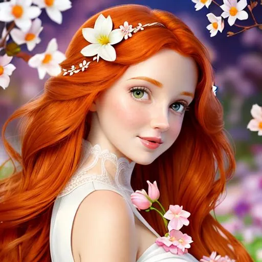 Prompt: Disney princess with ginger hair, white flower in hair, facial closeup

