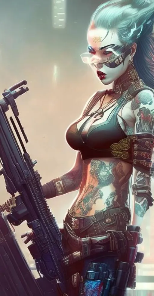 Prompt: Beautiful cyberpunk female with tattoos, apocalyptic, swords, guns, fire, anatomical, dark, gothic