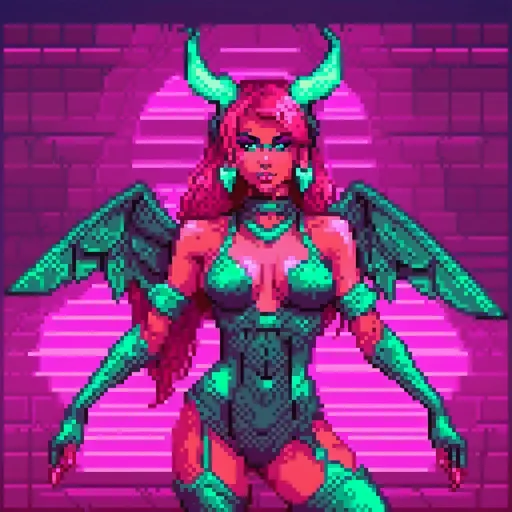 Prompt: a beautiful female demon in a dynamic pose in a retro futuristic synthwave cyberpunk neon paradise.  neon lighting, high quality, beautiful, masterpiece, artistic, synthwave, cyber, retro, futuristic